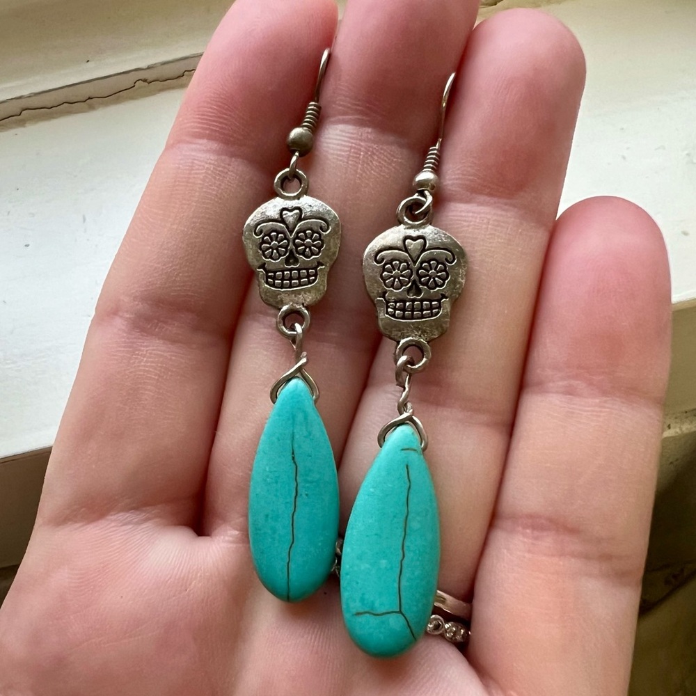 Vintage Turquoise Drop and Skull Earrings